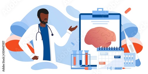 Doctor is diagnosing the brain and senses diseases banner. Stroke and headache, oxygen-deprived brain, migraine. Head tomography. chemical experiment, neurology. Diagnostics development hemisphere.