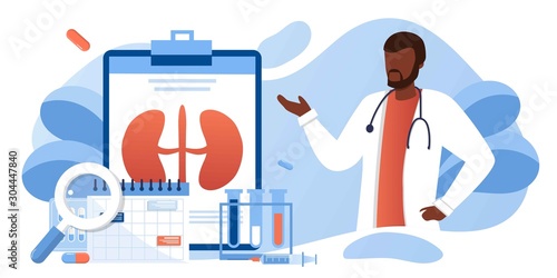 Kidney healthcare, doing medical research.urology and nephrology. nephroptosis, renal failure, pyelonephritis, diseases, kidney stones, cystitis. For website, app, banner, flyer with doctor
