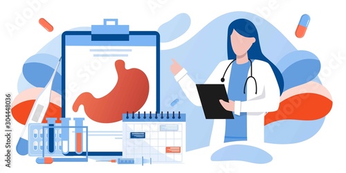 Doctors study and treat stomach. Gastroenterology and health care concept. Doing medical research. illustration for web banners, flyer. Tract system examination and ultrasound xray diagnosis