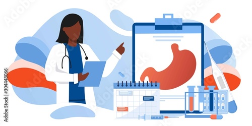 Doctors study and treat stomach. Gastroenterology and health care concept. Doing medical research. illustration for web banners, flyer. Tract system examination and ultrasound xray diagnosis