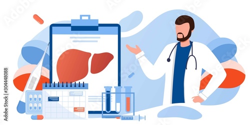 Doctors treat the liver. Liver disease, hepatitis A, B, C, D, cirrhosis, world hepatitis day. For web banners, brochure cover and flyer template. Healthcare, doing medical research concept