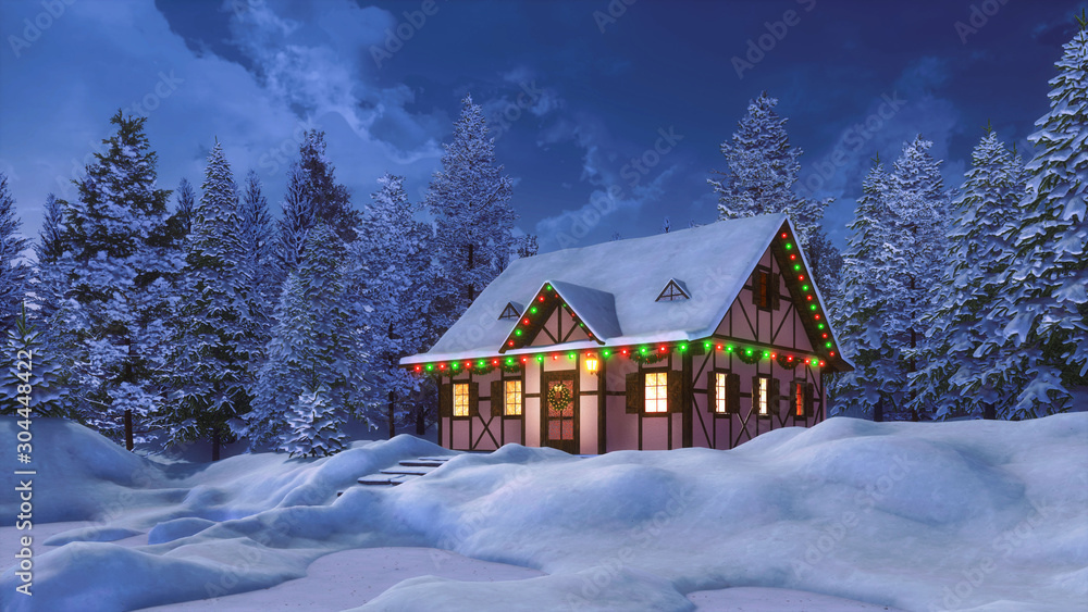 Dreamlike winter scenery with snowbound half-timbered rural house decorated by christmas lights among snow covered pine forest at night. 3D illustration for Xmas or New Year holidays. - obrazy, fototapety, plakaty 