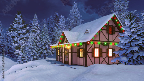 Cozy half-timbered rustic house decorated for Xmas and illuminated by christmas lights garlands among snow covered fir forest at winter night. With no people 3D illustration. photo