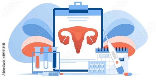 Gynecology, female health. Uterus, ovary and womb. Medical treatment. Endometriosis, endometrium dysfunctionality, endometriosis treatment concept. Doctor make uterus examination. For banner, web page
