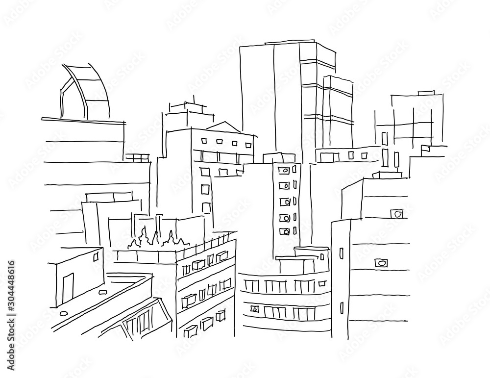 City panorama sketch. Building architecture landscape. View from window. Ordinary city. Hand drawn black line.