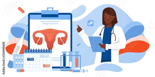 Gynecology, female health. Uterus, ovary and womb. Medical treatment. Endometriosis, endometrium dysfunctionality, endometriosis treatment concept. Doctor make uterus examination. For banner, web page