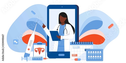 Patient consultation to the doctor via smartphone. Online medical support. Online doctor. Healthcare services, Ask a doctor. Family female therapist, gynecologist with stethoscope on the screen banner