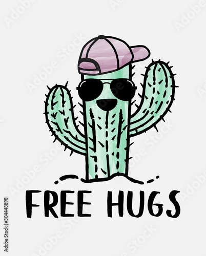 free hugs slogan with hand drawn cute cactus for fashion print and other uses