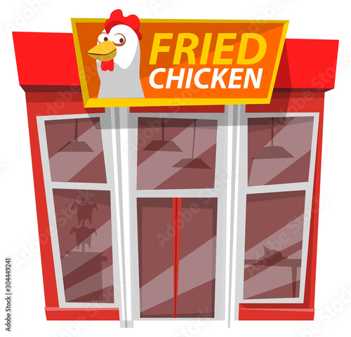 Fried chicken cafe, fast food style. Vector building, facade exterior design illustration. Restaurant serving unhealthy dishes like crispy nuggets and drumstick. Cafeteria with american junk meals