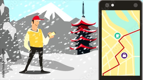 Mobile app. A man travels using a mobile application. Travel service concept, taxi, mobile maps app. Looping Animation. photo