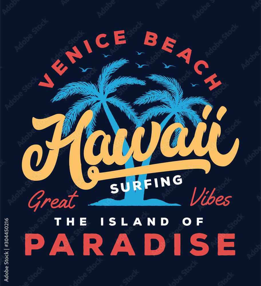 hawaii beach typography slogan with palm tree illustration. theme vintage print design for fashion print and other uses