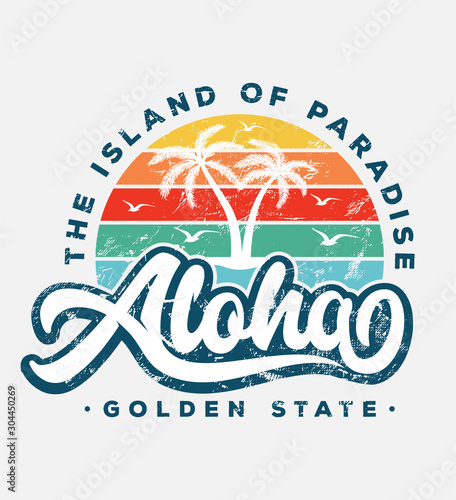aloha beach typography slogan with palm tree illustration. theme vintage print design for fashion print and other uses photo
