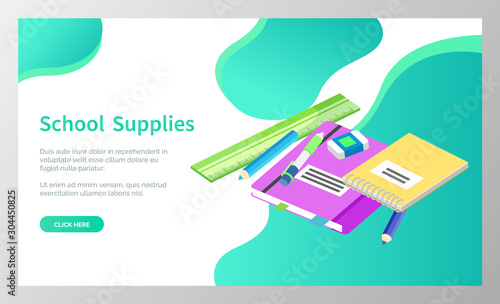 Supplies for lessons, vector illustration. Collection of school supplies or stationery. Isometric cartoon items for education of smart pupils and students. Knowledge and education. School accessories
