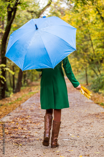 Woman holding umbrella and fall leafs while walking in the park. 
