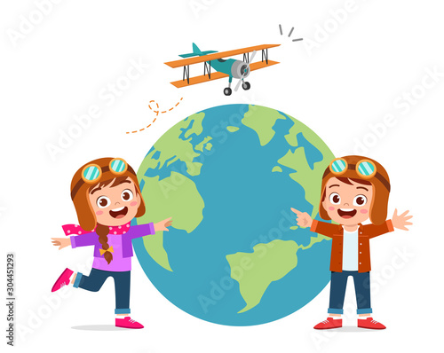 happy cute kid boy and girl with plane and globe