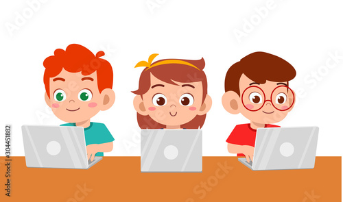 happy cute kids boy and girl using laptop