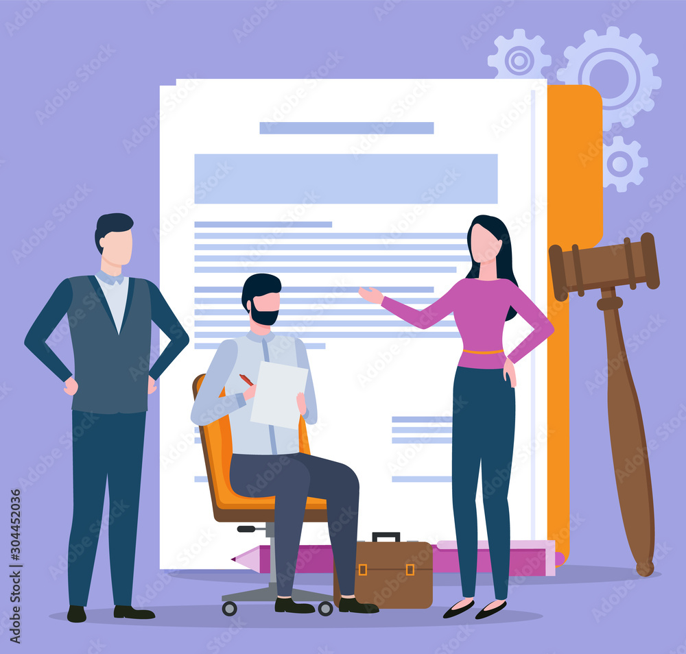 Fototapeta premium Man and woman character discussing, documents and gavel. Portrait view of people resolving legal problems, broker collaboration, partnership and law vector