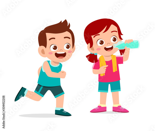 happy cute kids boy and girl doing sport