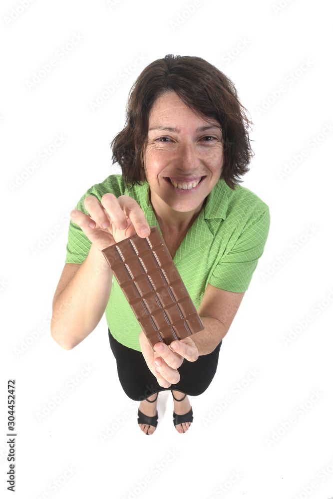 woman with chocolate bar on white background woman with chocolate bar on white background
