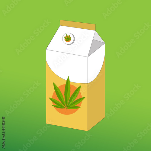 Box with hemp milk vector graphics Canabis milk in a tall box of white yellow with hemp leaf emblem on a green background.