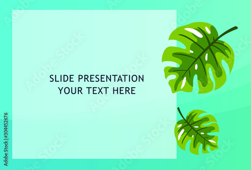 Slide presentation vector template elements with tropical leaves ornament. Exotic botanical design background. 