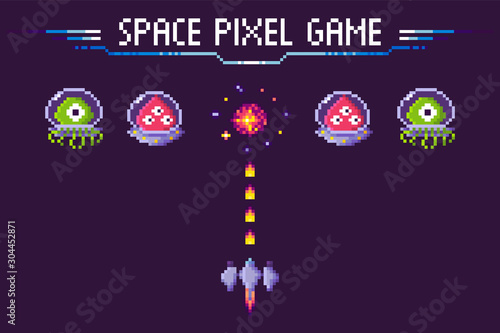 Pixelated characters and spaceship vector, pixel game with fight. Aliens in costumes, burst in sky fire of boom explosion in sky. Galaxy invaders attack