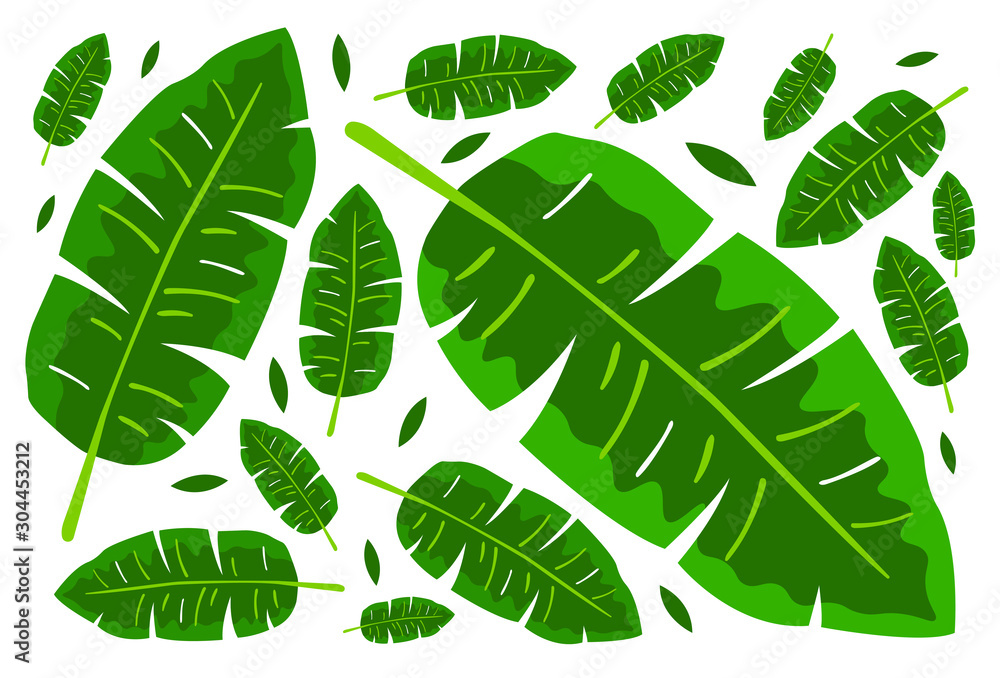 Tropical green leaves pattern. Trendy print for summer. Usable for wallpaper, banner, poster, postcard. Tropical green leaves pattern. Trendy print for summer. Usable for wallpaper, banner, poster, postcard.