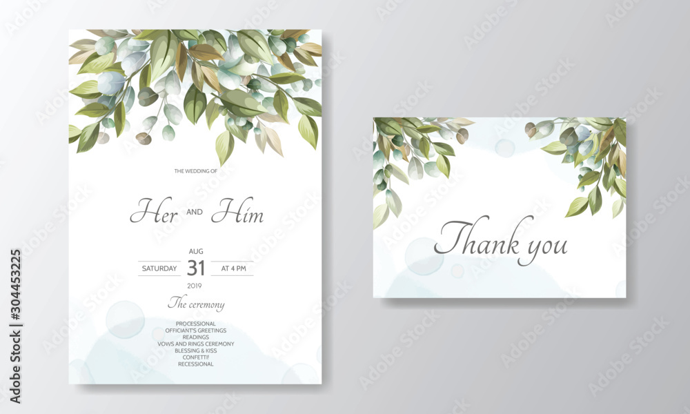 wedding invitation card-template set with beautiful floral leaves