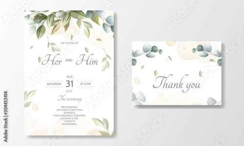 wedding invitation card-template set with beautiful floral leaves