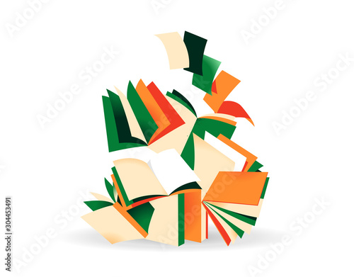 Pile of open colorful books. Vector illustration isolated on white background