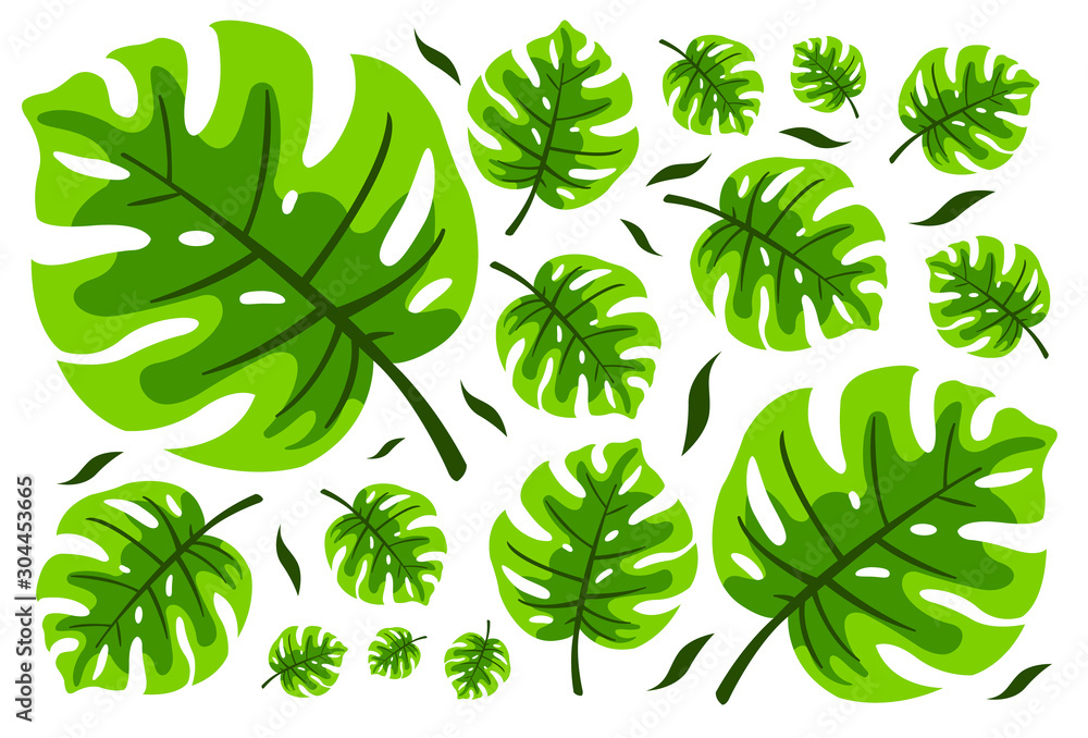 Tropical green leaves pattern. Trendy print for summer. Usable for wallpaper, banner, poster, postcard. 