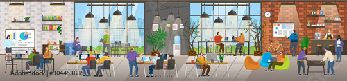 Coffee shop and office in one building. Coworking people at work. Characters on business meeting brainstorming on new project. Personages in drinking tea beverage at coffeehouse vector in flat
