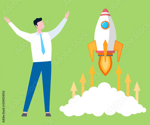 Startup project symbol, businessman in uniform and shuttle rocketship isolated. Vector person and spaceship or rocket going to space, business concept © robu_s