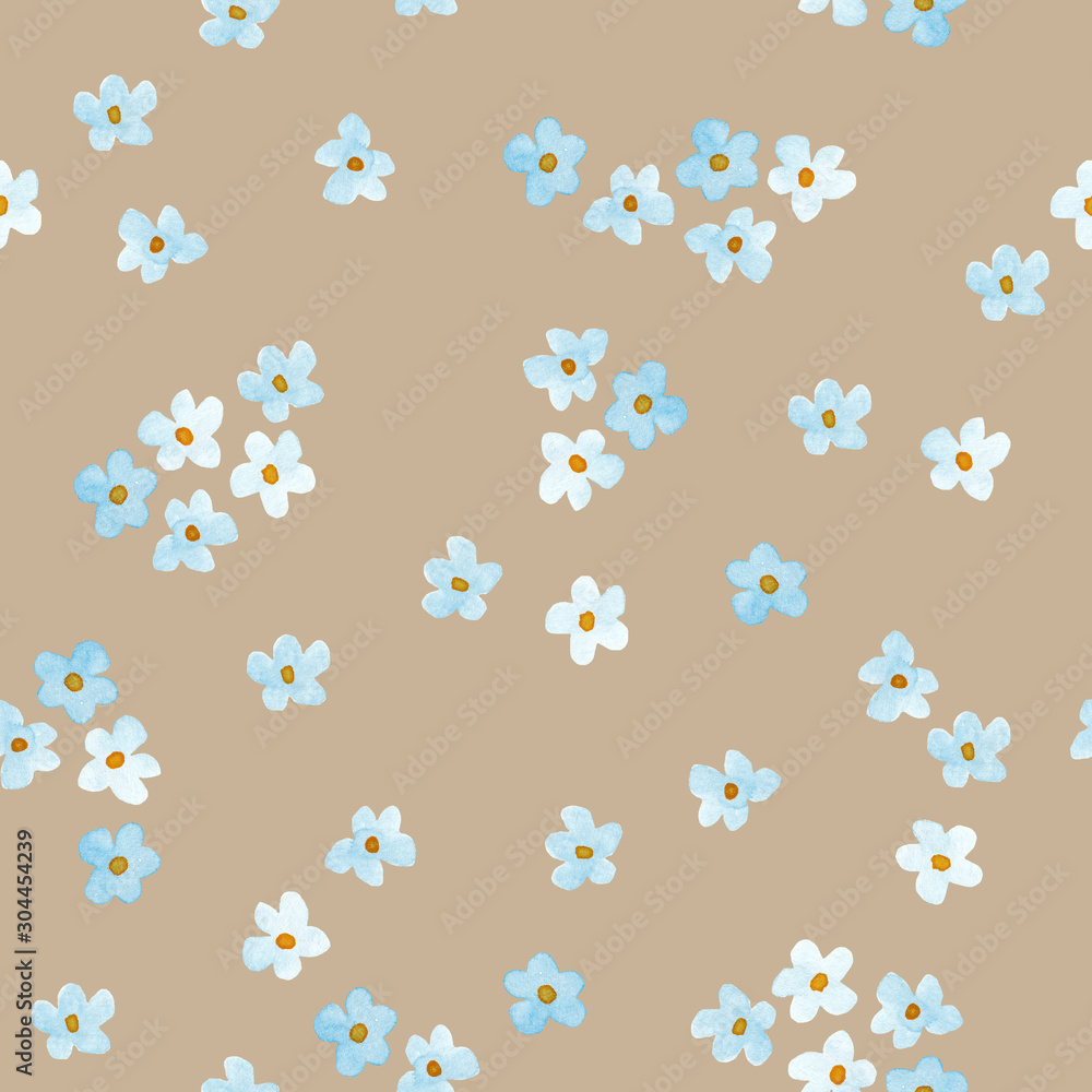 Little blue flowers watercolor painting - hand drawn seamless pattern on beige background