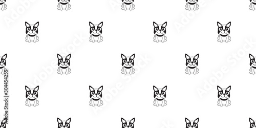 Vector cartoon character boston terrier dog seamless pattern background for design.
