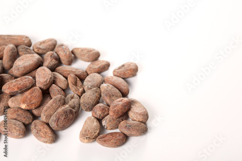 raw cocoa beans isolated on white background with copy space for your text