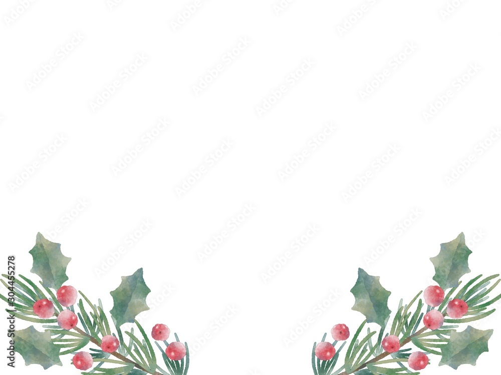 クリスマスのフレーム モミの木とヒイラギ 水彩風イラスト素材 Stock Illustration Adobe Stock