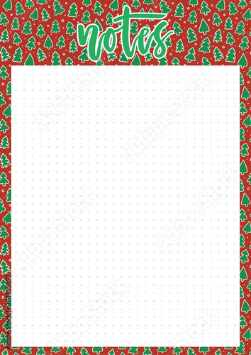 Cute A4 template for notes with lettering and Christmas trees background. Vector printable organizer and schedule with dotted page. Trendy self-organization concept illustration for 2020.