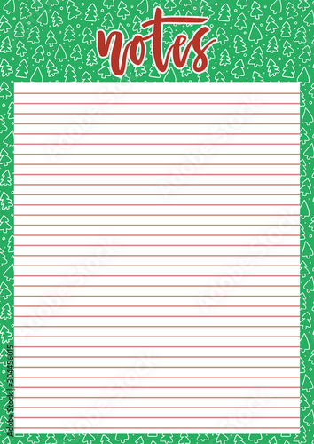 Cute A4 template for notes with lettering and Christmas trees background. Vector printable organizer and schedule with dotted page. Trendy self-organization concept illustration for 2020.