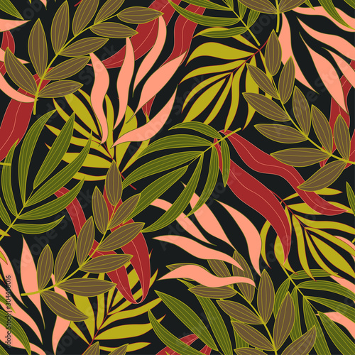 Summer seamless tropical pattern with bright red and green plants and leaves on a dark background. Beautiful seamless vector floral pattern. Printing and textiles. Vintage pattern.