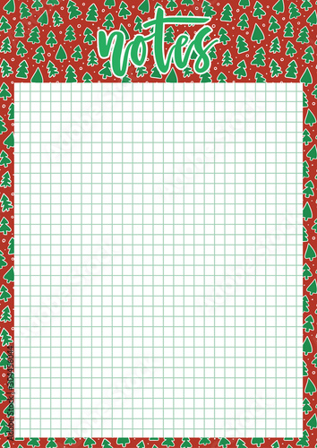 Cute A4 template for notes with lettering and Christmas trees background. Vector printable organizer and schedule with squared page. Trendy self-organization concept illustration for 2020.