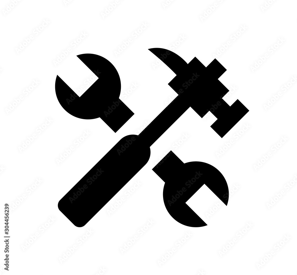 Wrench and hammer shapes, label or emblem with building equipments in black color, spanner instrument on white, creative idea of constructing vector Wrench and hammer shapes, label or emblem with building equipments in black color, spanner instrument on white, creative idea of constructing vector