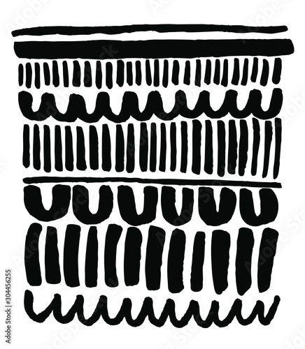Hand drawn abstract graphic print or pattern, ink wavy lines, U shape, straight lines, irregular organic shapes. Elegant black and white, minimalist Scandinavian inspired style, International Style
