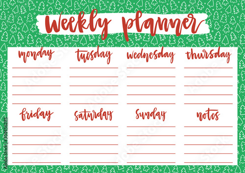 Cute weekly planner for 2020 year on winter background with Christmas trees and snow. A4 print template for weekly and daily planner with lettering. Organizer and schedule with notes.