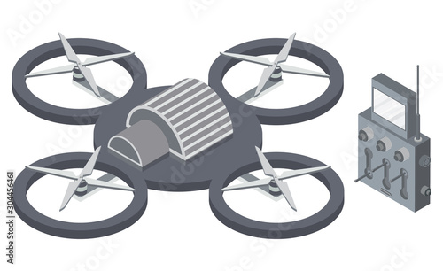 Drone with remote controller, wireless device with propellers, quadcopter symbol, aircraft with remotely radio controlled flying robots, discovery air robot for video and photo, multicopter vector