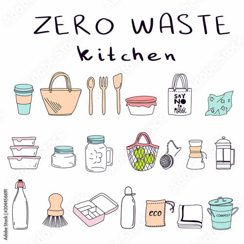 Hand drawn elements of zero waste kitchen life in vector