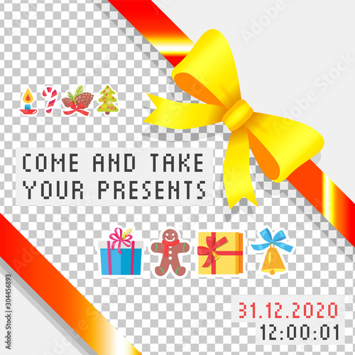 Come and take your presents, caption on picture. Gift wrap with orange ribbon and yellow bow. Packing box with present for celebration, party or christmas, birthday. Vector illustration in flat style