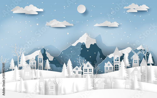 Paper art, Craft style of Landscape countryside village at snow valley in winter season, Merry Christmas and Happy New Year