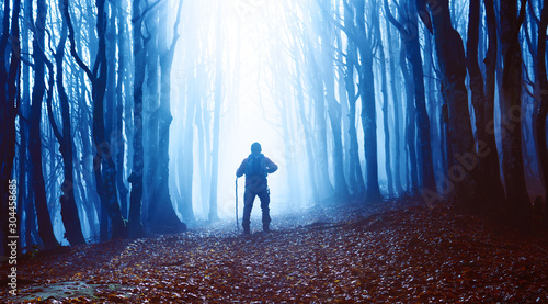 Hiker man in misty forest walking to blue light - Seasonal concept of outdoor activity - Bluish filter image