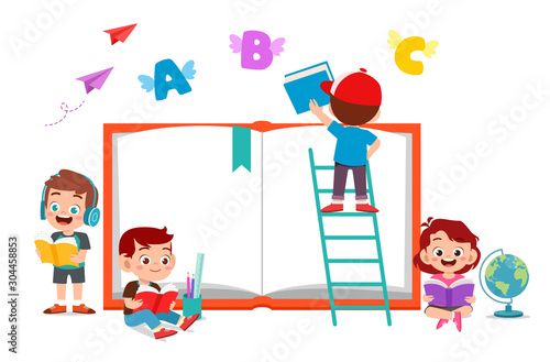 Happy kids read book and study together